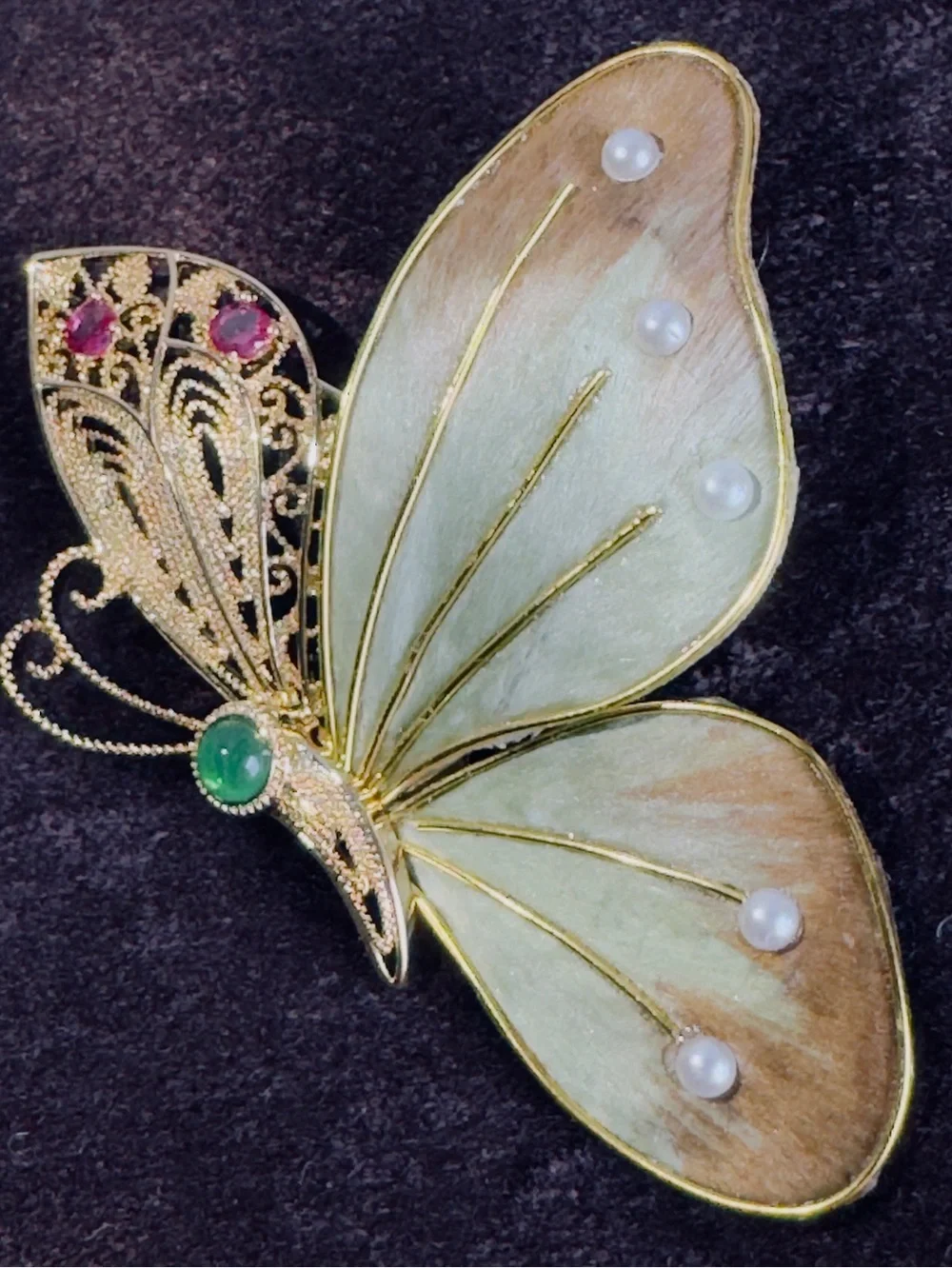 Gold-Tone Silky Butterfly Brooch with Pale Green Wings and Pearl Accents